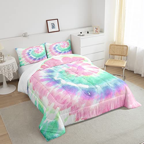 Tie Dye Down Comforter, Girls Boho Psychedelic Pink Comforter Set Full Size, Bohemian Gypsy Watercolor Duvet Insert For Kids Boys Teens, Exotic Spiral Quilted Duvet Comfy Decorative Room, Teal Blue #TOP3
