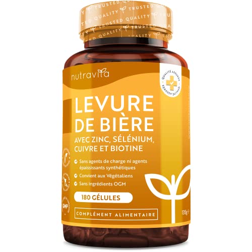 Levure de Bière avec Zinc, Selenium, Cuivre et Biotine - Levure Active - Levure de Biere Cheveux, Peau et Ongles - Maintien d'un Système Immunitaire Normal - 180 Gélules Végétales - Nutravita Cover