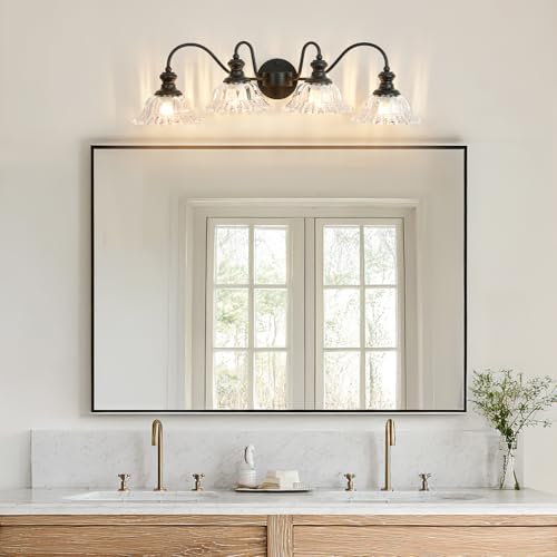 Image of 4 Lights Black Vintage Bathroom Vanity Light Fixture Over Mirror | Floral Transparent Glass Shades,Antique Wall Sconces,Wall Mount Up or Down, E26 Socket, Hardwired, 120V