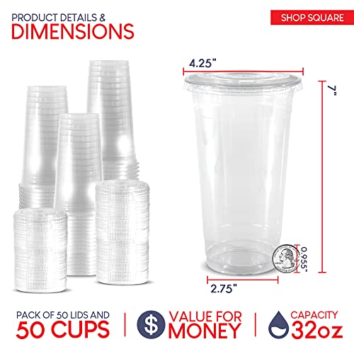 32 oz Plastic Cups with Lids (50 Pack) - Disposable Clear Cups for Iced Coffee, Boba, Milk Tea, Smoothies, and Fruit Shakes for Parties, Cafes, Restaurants