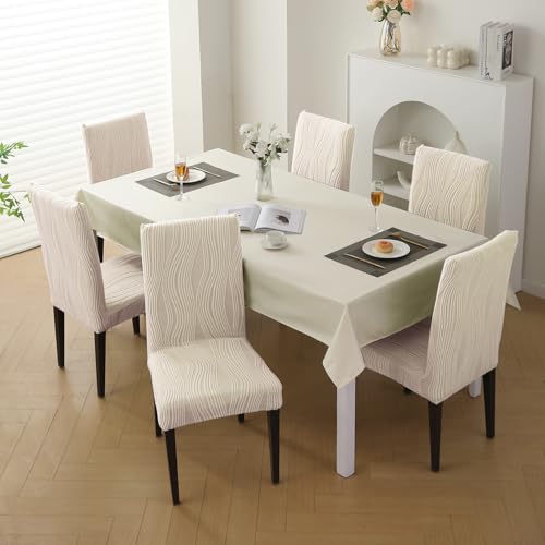 Image of HOKIPO 200 GSM Premium Knitting Jacquard Elastic Dining Table Chair Cover Set of 6, 'Nestiva Series' Skimmed Cream (AR-6072-CRM)