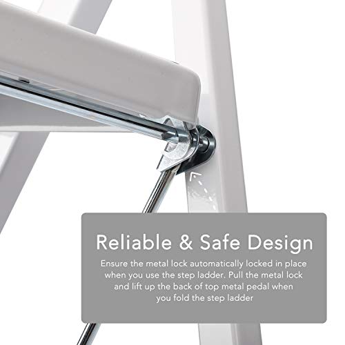 Delxo 3 Step Ladder Folding Step Stool With Handle Sturdy Wide Pedal, Lightweight Anti-Slip Portable Steel Three Step Ladders, Collapsible Ladder For Adults 500 Lbs White #TOP3