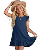 Xaatren Girls Flutter Sleeve Dress Teen Ruffle Crew Neck a Line Holiday Dresses Kids Summer Formal Party Clothes(Navy Blue,13-14 Years)
