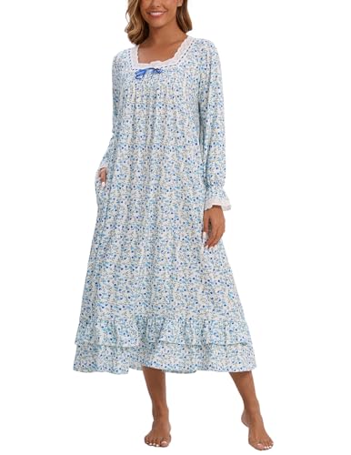 Rubehoow Nachthemd für Damen, viktorianisches Nachthemd, Vintage, langärmelig, Pyjama-Kleid, weiche Baumwolle, Lounge-Kleid, Nachtwäsche S-3XL, blau, blumenmuster, S