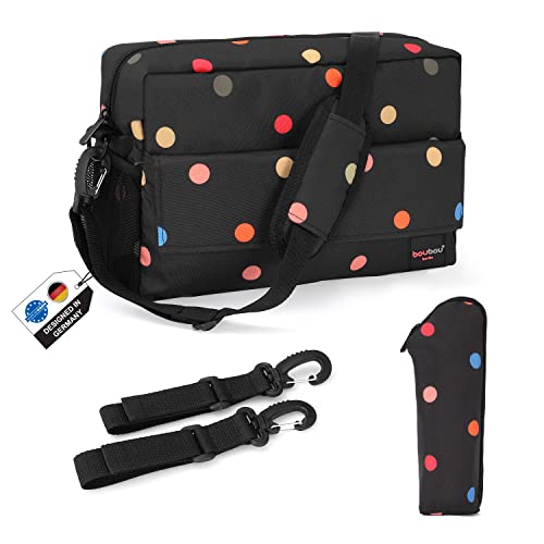 boubou Kinderwagen Organizer - Made in Europe - Kinderwagentasche mit vielen Fächern & Flaschenhalter - Buggy Organizer - inkl. Isoliertasche - Schwarz & bunt gepunktetes Design Cover