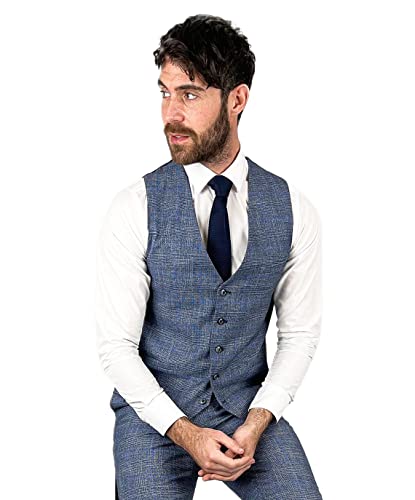 Costume bleu à carreaux homme veste cintrée pantalon gilet business chic