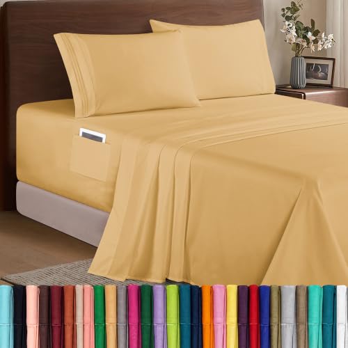 Image of Elegant Comfort Luxury 1500 Premium Hotel Quality Microfiber 4-Piece Sheet Set - Soft, All Around Elastic 18-24 Inches Deep Fitted Sheet - Extra Deep Pocket Sheets, King, Camel-Gold