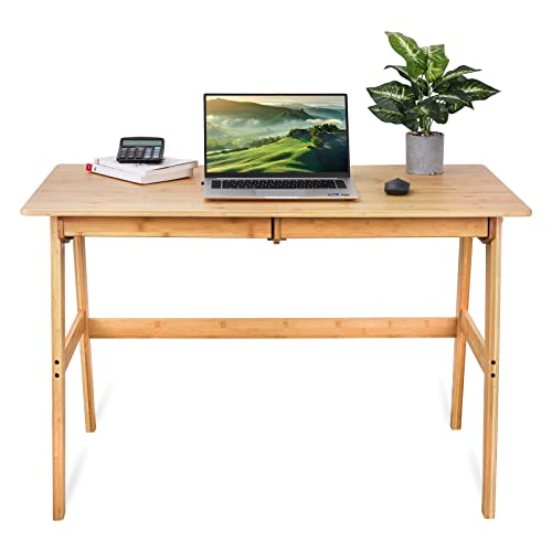 Dicunoy Computer Desk With 2 Drawers, 46" Solid Bamboo Home Office Writing Desk For Small Spaces, Compact Simple Style Tables With Gap Design And Hook For Pc, Laptop, Students, Study, Makeup, Bedroom #TOP2