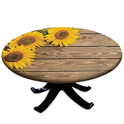 Sunflower Fitted Tablecloth Round - 60 Inch Table Cloth - Wood Grain Background Country Style Elastic Edge Table Covers - Indoor Kitchen Dinning Room or Outdoor Picnic Party Dining Tables Decoration