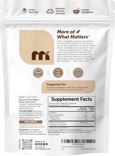 Image of Micro Ingredients Psyllium Husk Capsules 3000mg Per Serving, 500 Veg Caps | Soluble Prebiotic Fiber Supplement for Women & Men | Daily Psyllium Husk Fiber Pills | 83 Servings | Non-GMO, Gluten Free