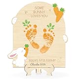 Sereliy Baby's First Easter DIY Footprint Art Card, Our Little Easter Wood Sign Milestone Keepsake Ornaments for Baby Shower Newborn Photoshoot Prop (Carrot)