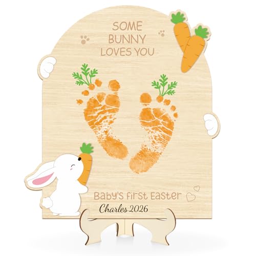 Sereliy Baby's First Easter DIY Footprint Art Card, Our Little Easter Wood Sign Milestone Keepsake Ornaments for Baby Shower Newborn Photoshoot Prop (Carrot)