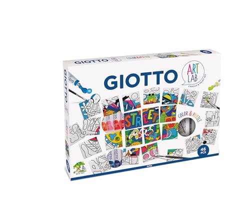 GIOTTO - Art Lab: Color & Puzzle - Kit Creativo per Giocare - 24 Tessere Puzzle da Colorare + 20 Tempere in Tubetto Giotto + 1 Pennello Piatto n.2 + 1 Foglietto Illustrativo