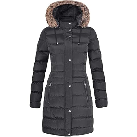 Womens Long Fur Trimmed Hooded Padded Puffer Parka Ladies Winter Jacket Coat (Black Hooded, 16) Cover