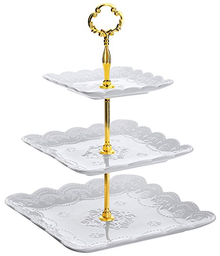 DOWAN 3 Tier Square Porcelain Cupcake Stand, Gold and White
