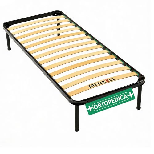 MENKËLL Rete Letto Singolo 80x190 Ortopedica - Telaio in Ferro e Doghe in Legno - Piedi Antiscivolo 30cm - Per Tutti i Tipi di Materassi, Supporta Fino a 200kg (80cm Singola)
