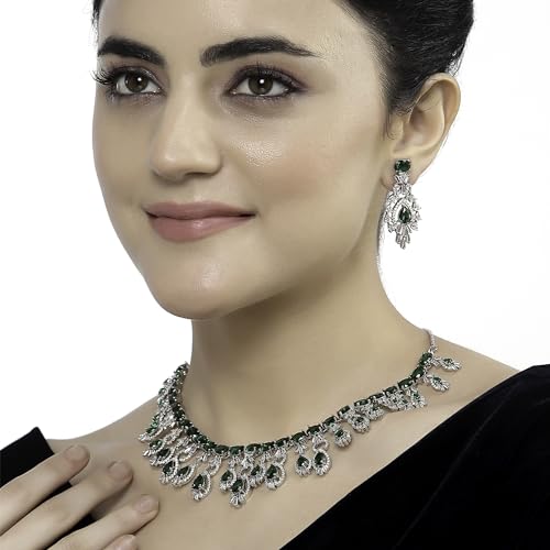 Image of ZENEME Rhodium-Plated American Diamond Studded Oval & Teardrop Shaped Necklace With Earrings Jewellery Set For Girls and Women