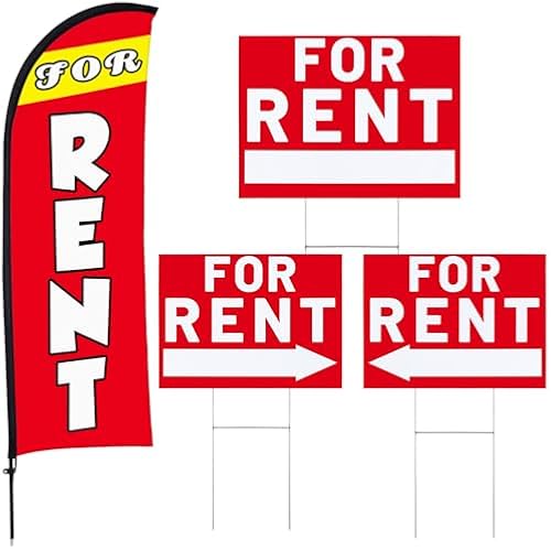 Buryeah For Rent Sign Sets 1 Pack for Rent Feather Flag Banner 3 Pack Double Sided Directional Arrows Yard Signs with Metal Stakes for Homes, Estate, Apartments, Businesses, Directional (Red)