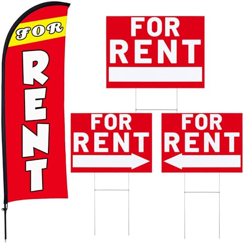 Buryeah For Rent Sign Sets 1 Pack for Rent Feather Flag Banner 3 Pack Double Sided Directional Arrows Yard Signs with Metal Stakes for Homes Estate Apartments Businesses Directional (Red)