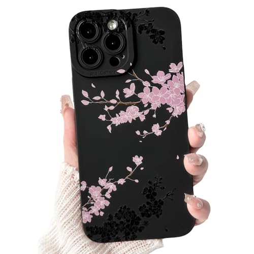NITITOP Compatible with iPhone 12 Pro Max Case Cute Aesthetic Cherry Blossom Pattern Design for Women Girls Soft TPU Shockproof Full Camera Protective Phone Cover - Black Pink