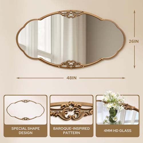Image of Besdomus Oversize Gold Oval Mirror: 48 inchx26 inch Large Antique Ornate Mirror