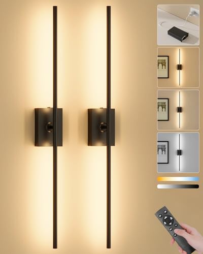 Image of Ouyulong Battery Operated Wall Sconces Set of 2, 10000mAh Wireless Rechargeable 3000-6000K Dimmable 350 Rotate Wall Light with Remote for Living Room, Bedroom 31.6in Black
