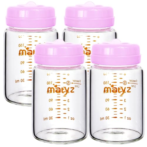 Image of Matyz 4-Pack Breast Milk Collection Bottles (Pink, 6 Oz Each) - No BPA Glass Milk Storage Bottles with Lids - Suitable for Philips Avent & Medela Spectra Pumps