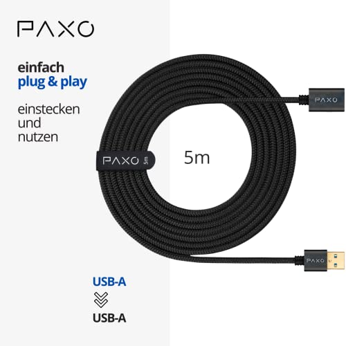 PAXO USB extension 5m, 10 Gbit/s (1.25 GByte/s), USB 3.2 Gen2 (3.0, 3.1), USB extension cable, A plug to A socket, black, fabric jacket - Image 2