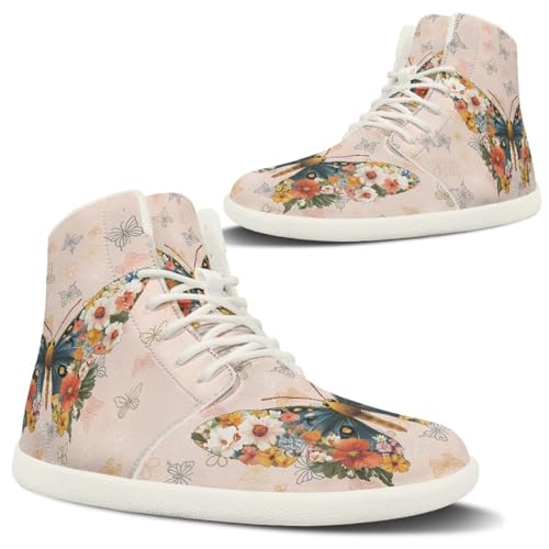 Women Hightop Sneakers Butterfly Print Leather Minimalist Barefoot Shoes Womens Wide Toe Walking Shoes Zero Drop Sneaker