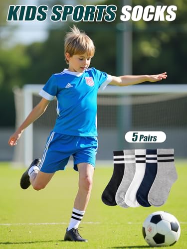 Kids Socks, 5 Pairs Unisex Kids Youth Boys Girls Crew Combed Cotton Breathable Athletic Socks Navy Blue White4