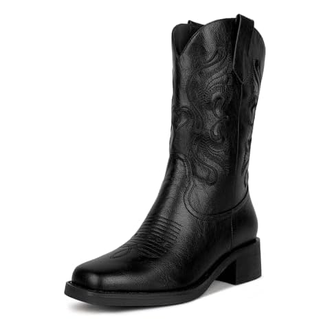 ISNOM Black Cowgirl boots for Women Black Cowboy Boots for Women Black Western Boots Square Toe Cowgirl Cowboy Boots Mid Calf Cowboy Cowgirl boots Wide Calf Cowboy Boots Low Heel Cowgirl boots Cover