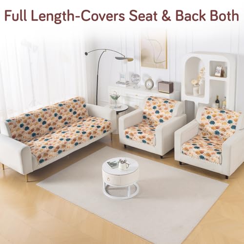Image of HOKIPO Boho Wildflower Quilted Sofa Cover 5 Seater Set - Washable 3+1+1 Sofa Cover for Seat & Back with Tassel Design | 'Tassel Twigs' Series (IN-991-T11 + IN-989-T11)