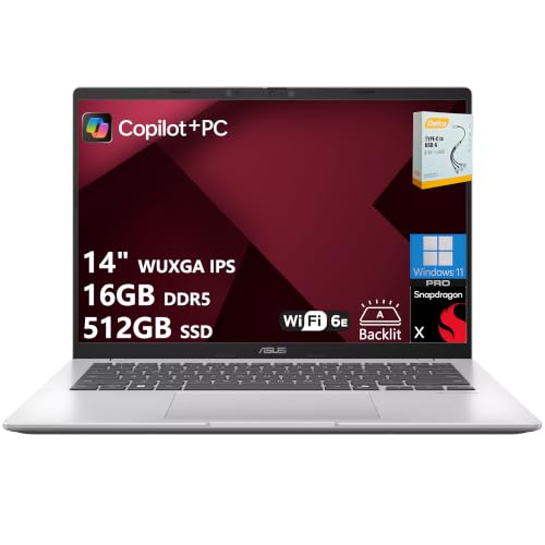 Image of ASUS Vivobook 14 Professional AI Laptop | 14 inch WUXGA IPS Anti-Glare | 8-core Snapdragon X (Up to 45 NPU Tops) | 16GB DDR5 512GB SSD | Backlit USB4 WiFi 6E Long Battery Life Win11 Pro w /DLCA Accessory