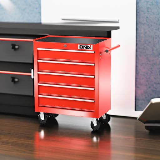 Image of DNA Motoring TOOLS-00263 5-Drawer Plastic Top Rolling Tool Cabinet with Keyed Locking System,13 inch D x 24.5 inch W x 30.5 inch H,Red