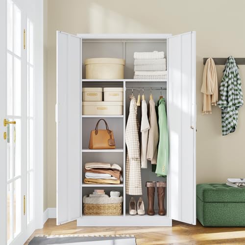 Image of Letaya Metal Locker,Steel Wardrobe Storage Cabinets with Lock Door,Clothing Coat Storage Freestanding for Office, Home, School, Employee,Gym,Fire Department (White)