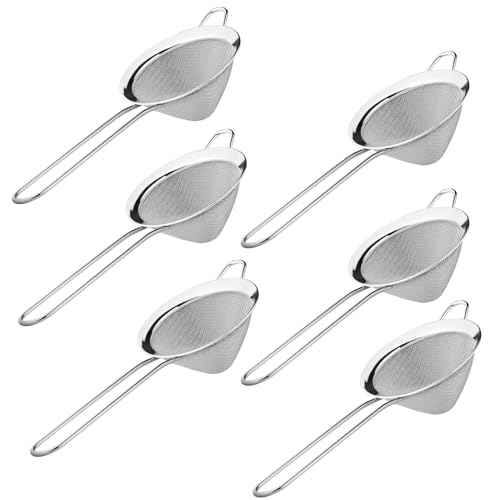 6 Pcs Stainless Steel Food Strainer 3.3inch Fine Mesh Sieve Small Mesh Strainers Sieve with Long Handle for Cocktail Coffee Food Drinks Tea - Silver