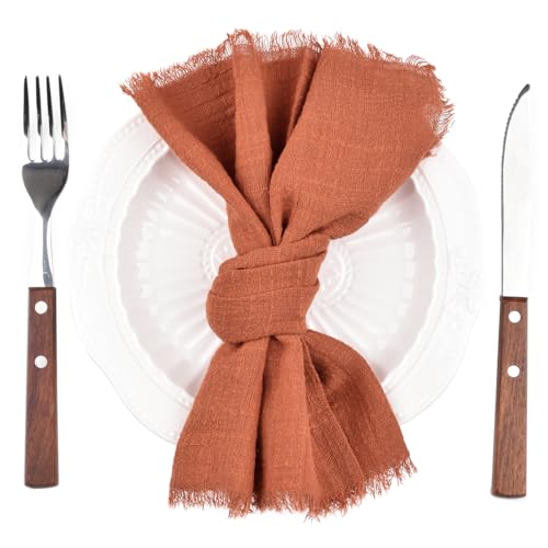 Dlpafzy JMCN01 Rustic Cloth Napkins 16.5X16.5 Inches Handmade Cotton Linen Napkins With Fringe Boho Washable Dinner Napkins In Bulk For Wedding Party Spring Table Decor Set Of 4 Terracotta thumb #1