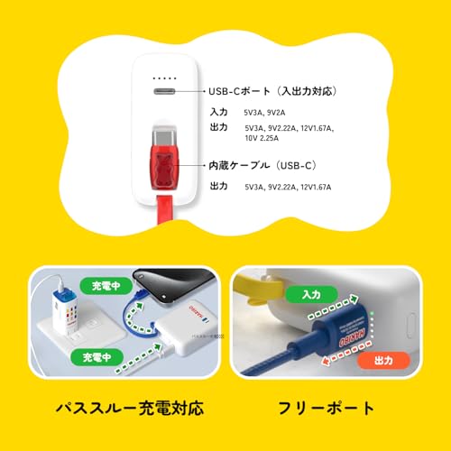 Haribo ミニモバイルバッテリー 10000mAh 22.5W 急速充電、内蔵ケーブル付き、コンパクトサイズ、5V 3A、グミベアデザイン、iPhone 15・16シリーズ、Galaxy、Xiaomi、Pixel、Xperia 対応
