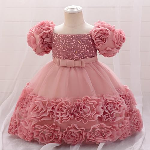Toddler Girls' Elegant Rose Flower Dress with Puff Sleeves Sparkling Sequin Bodice Waist for Birthday and Party2