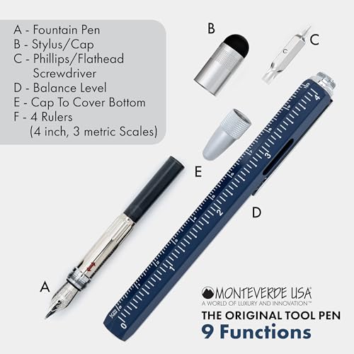 Monteverde USA 9-in-1 Tool Fountain Pen in Blue – Medium Nib, Multifunctional Pen with Stylus, Screwdrivers, Level, and Ruler – Exclusive Collection, Ideal Gift for Professionals