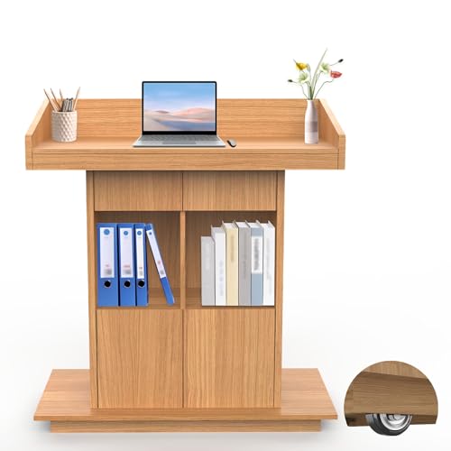 Wooden Lectern Podium Podiums Stand with Wheels Wooden Podium Stand for Lectern Presentation Church Stand Lectern Podiums Stand Locking Casters,Natural,L39″×W19″×H44″
