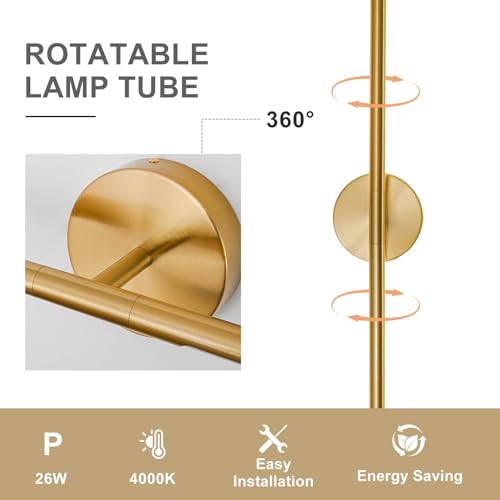 Image of Gold Bathroom Light Fixtures Over Mirror 36 Inch, 26W 360 Rotatable Dimmable 4000K Led Vanity Light Bar, Brushed Gold Bathroom Vanity Lights Above Mirror