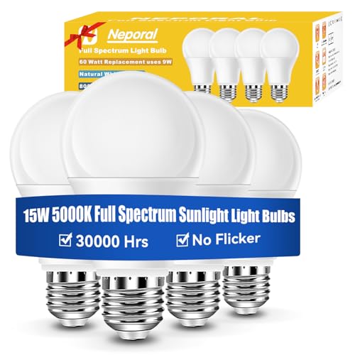Upgraded 15W Full Spectrum Light Bulb for Home, 5000K UV-Free Natural Sunlight Bulbs, 15W 100W Equivalent LED Light Bulb, CRI 90+, No Flicker,1200Lumen Sunlight Lamp for Office&Indoor Use, 4PK by Neporal - Used condition - US$18.73