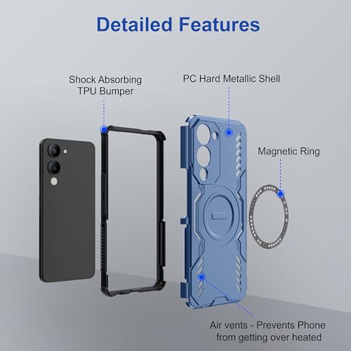 Image of amazon basics Back Case Cover for Vivo Y19 5G | Magnetic Case with Built-in Metal Ring | Supports Mag-Safe Charger, Wallet & Car Mount | Shockproof Hybrid PC + TPU | Blue