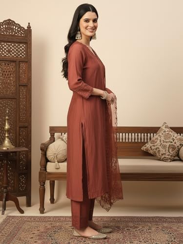 Image of FABIAN FASHION Women's Maroon Straight Kurta Palazzo Pant with Organza Dupatta Set Festive Ethnic Wear(ES 2537)