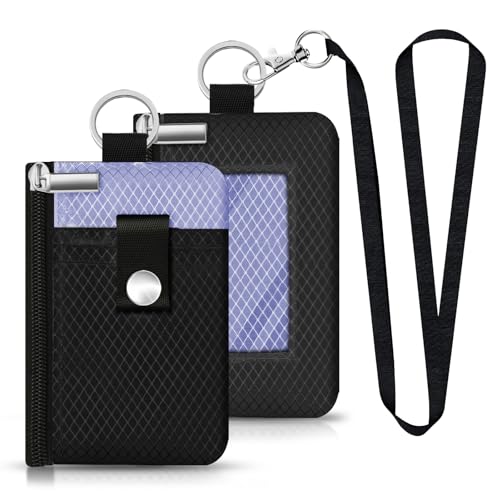 Image of Minimalist RFID Blocking Small Wallet with ID Window,WaterResistant Zip Id Case Wallet with Lanyard Keychain for Cards,Cash,Travel,Women,Men (Black /Lavender Purple)