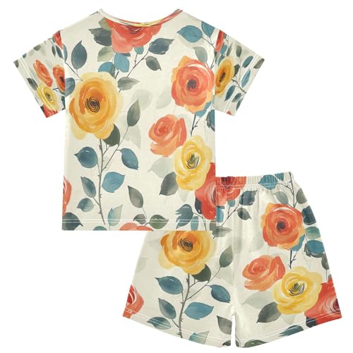 senya Short Sleeve Pajamas Sets Summer Cotton Sleepwear Flower Rose Leaves Yellow2