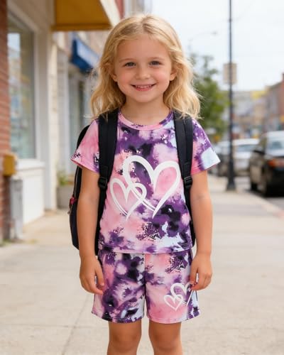 Image of Kids Girl Clothes Tie Dye Heart Print Short Sleeve Top and Shorts Toddler Girl Summer Outfits Short Set