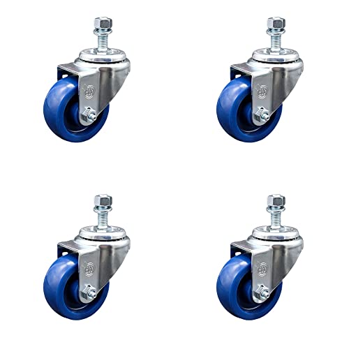 Stainless Steel Solid Polyurethane Swivel Threaded Stem Caster Set of 4 w/3.5
