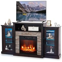 SIMOE Fireplace TV Stand for TVs up to 65, 19 Electric Fireplace with Mantel, Entertainment Center with 16 Color LED Lights, APP&Remote Control, Adjustable Glass Shelves for Living Room